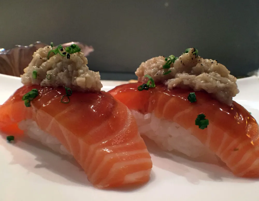 Salmon nigiri for Macku Sushi Offers Instagram Worthy Presentations in an Intimate Environment