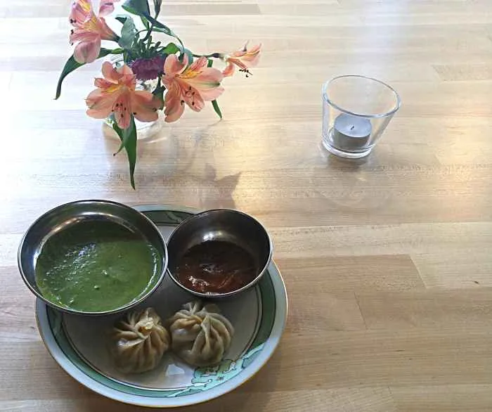 ChickenCurryDumplingWithCilantroSauceandTomatoCurry for Logan Square Welcomes Nepalese Flare to Milwaukee Ave