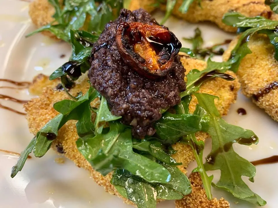 Fried Polenta Arugula Blitzed Kalamata Olive Charred Tomato Balsamic Glaze And Local Honey for Coarse Italian Opening in Glenview Spring 2019