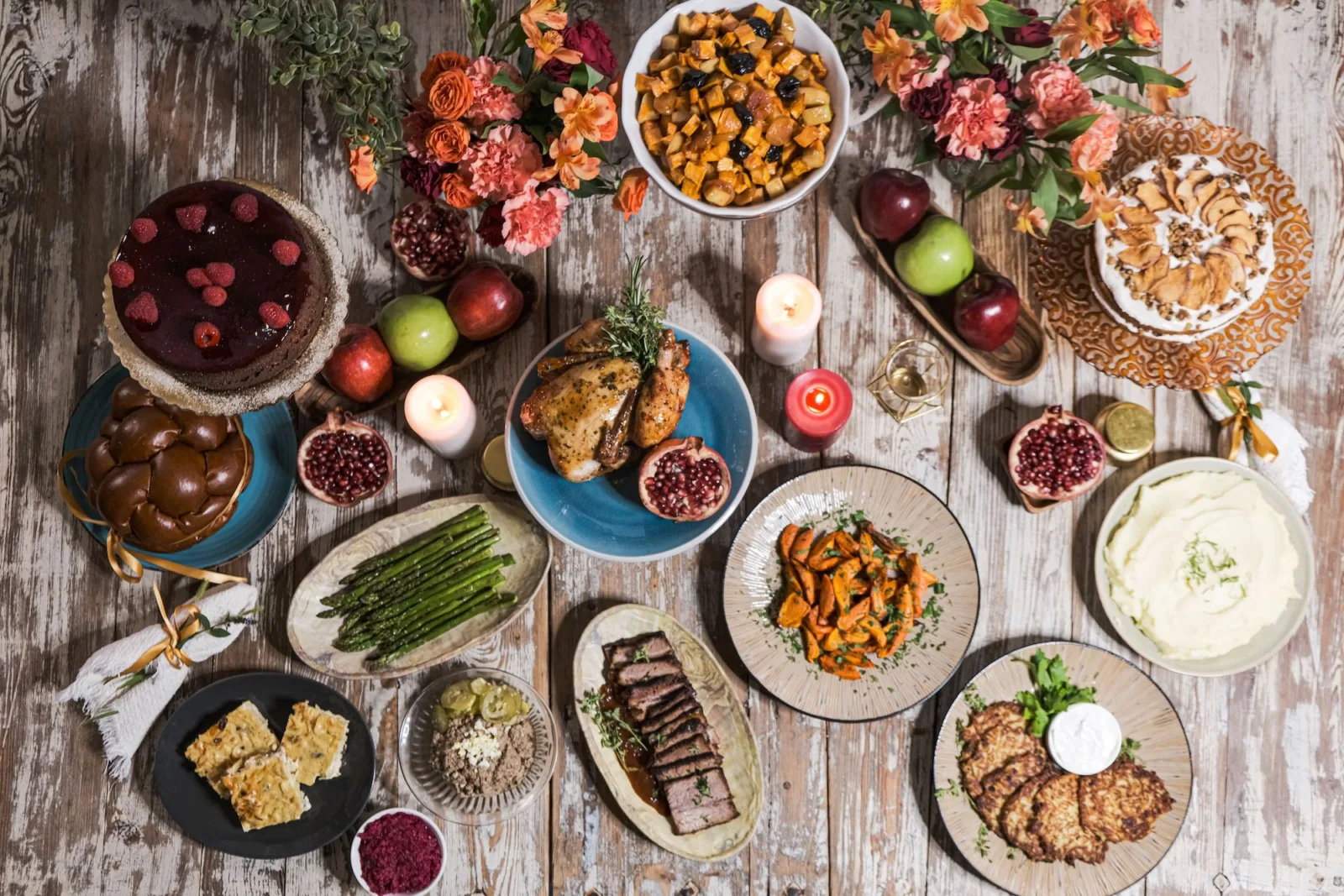 Rosh Table Spread Top Shot for The Goddess and Grocer Offering Rosh Hashanah & Yom Kippur Dinner Packages