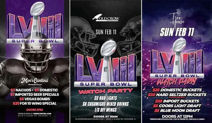 Moes Old Crow Tree House Super Bowl Graphic Edited 1 for Super Bowl Watch Parties at Moe's Cantina Wrigleyville, Old Crow Smokehouse, and Tree House Chicago