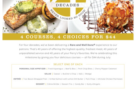 Image for Perry’s Steakhouse & Grille Continues 40th Anniversary Celebration with 4 for $44 Promotion this July