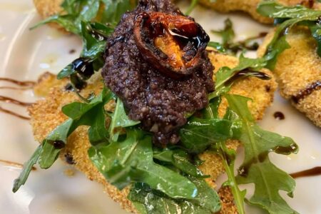 Fried Polenta Arugula Blitzed Kalamata Olive Charred Tomato Balsamic Glaze And Local Honey for Coarse Italian Opening in Glenview Spring 2019