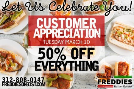 Gazette Advertisement Cust Appre 940X658 for Fabulous Freddie’s Celebrates their Customers with 50% off the Entire Menu, 3/10
