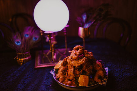 Ina Mae Shrimp Platter Etta Kit2 for Ina Mae Tavern’s Month Long Mardi Gras Celebration (1/24 2/21), Featuring Tarot Card Readers, Drag Bingo, & More