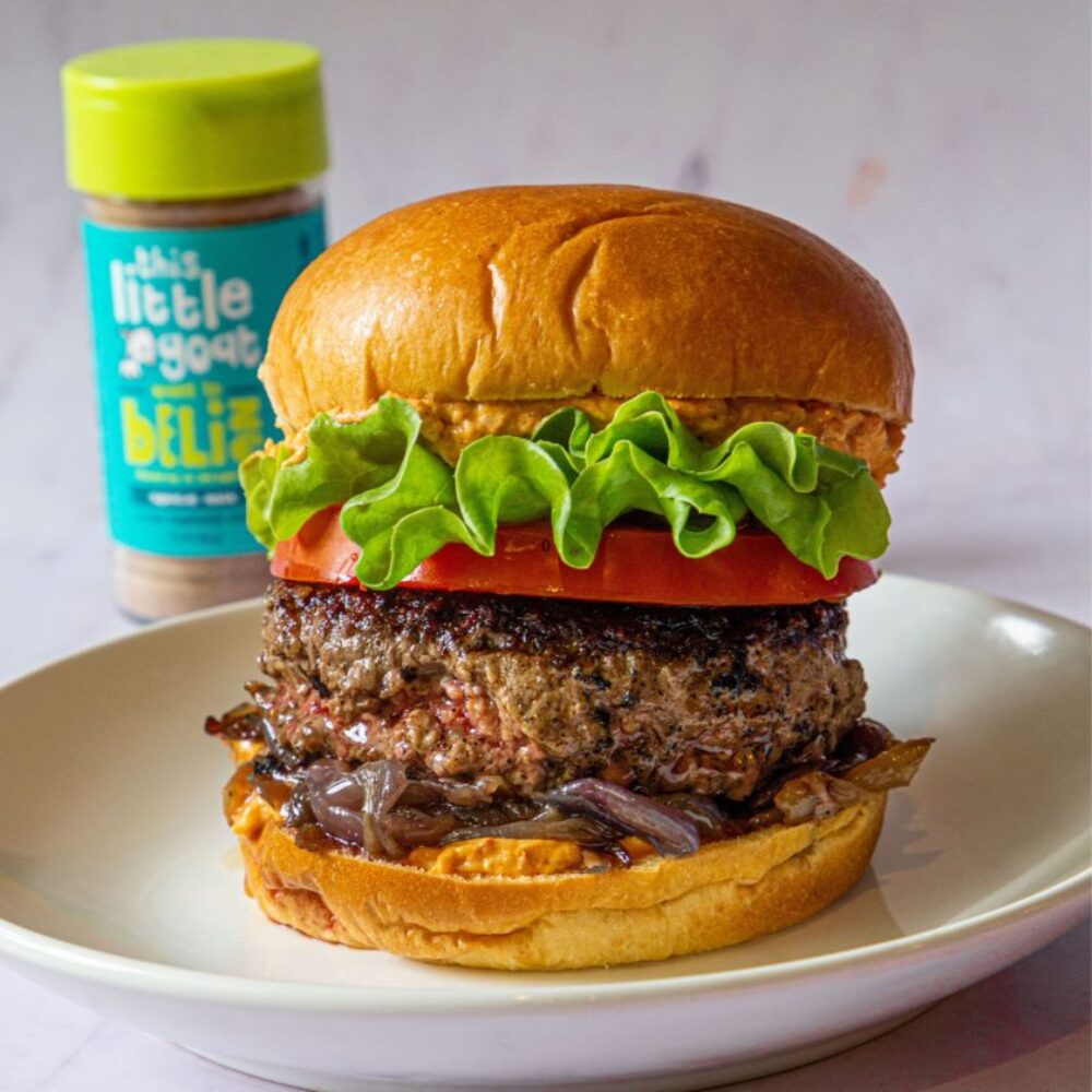 Whip up one of This Little Goat's recipes including this Belize Burger with Pimiento Cheese and Caramelized Onions. (Photo courtesy of This Little Goat) for Father's Day Dining, Gifts & Specials in Chicagoland