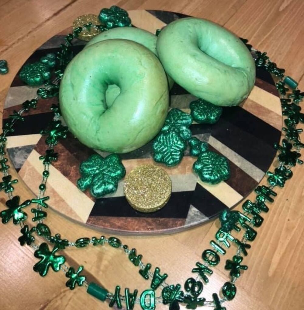 Green Bagels at Bagels By The Book (Liberytville) for St. Patrick's Day for Celebrate St. Paddy's with Green Bagels at Bagels By The Book