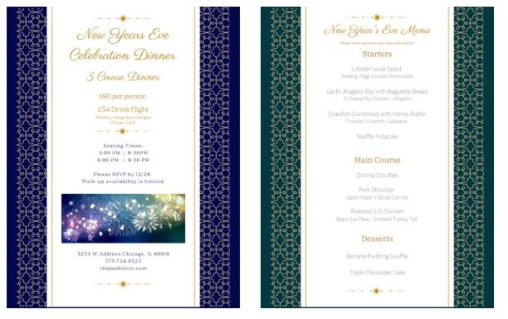 CheSa's New Year's Eve menu. for New Year’s Eve and Day Offerings with CheSa’s Bistro and Bar in Avondale