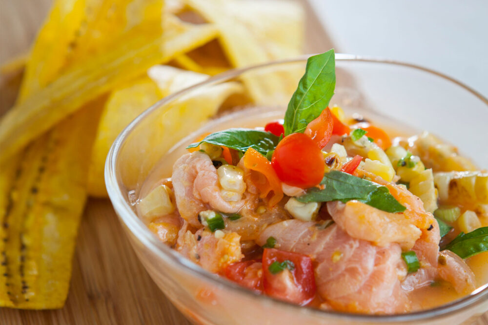 Shrimp Ceviche with piquillo and serrano peppers. Plaintain chips anyone? for Bar Takito Launches Weekend Late Night Menu