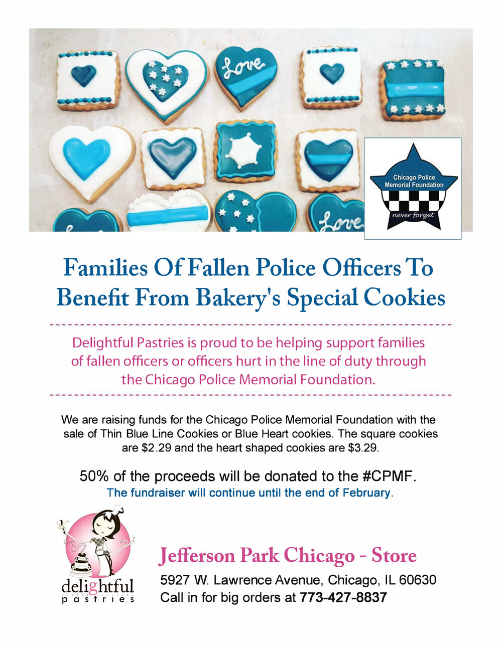 Blue Heart Cookie Fundraiser at Delightful Pastries in Jefferson Park area of Chicago for Families of Fallen Police Officers to Benefit from Bakery’s Special Cookies