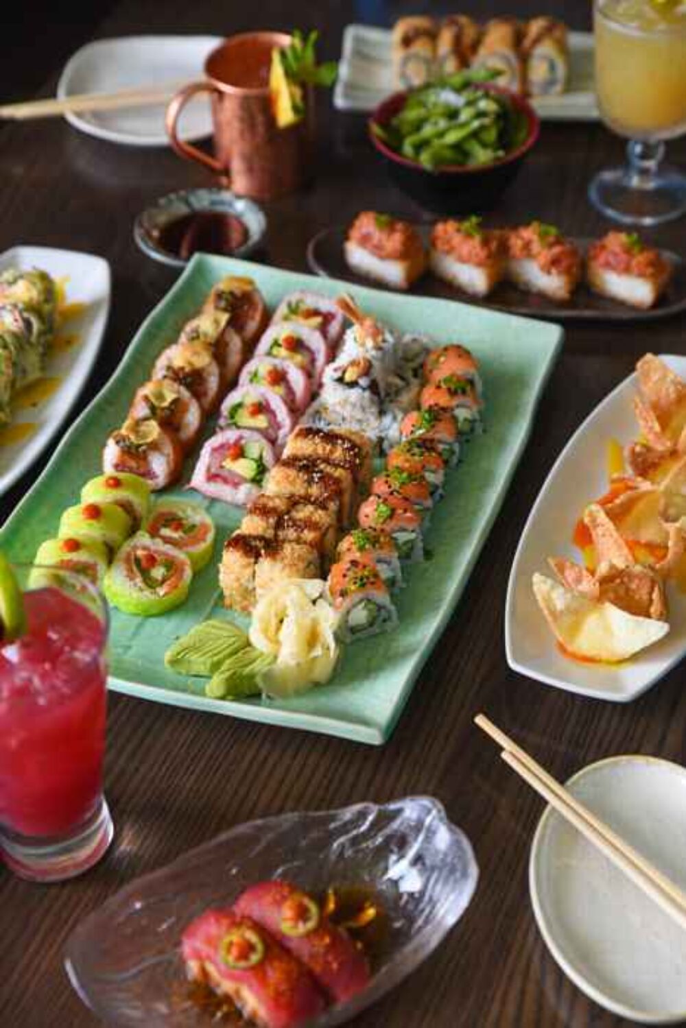 Blue Sushi Happy Hour Spread including the Hot Popper and Crunchy Blue Maki (Photo courtesy of Blue Sushi Sake Grill) for Into the Blue (Sushi Sake Grill)