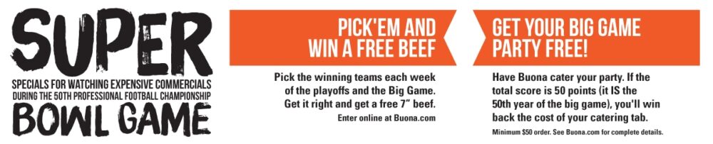 Buona Super Bowl for Buona Counts Down To Football’s Big Game With Free Beef And More