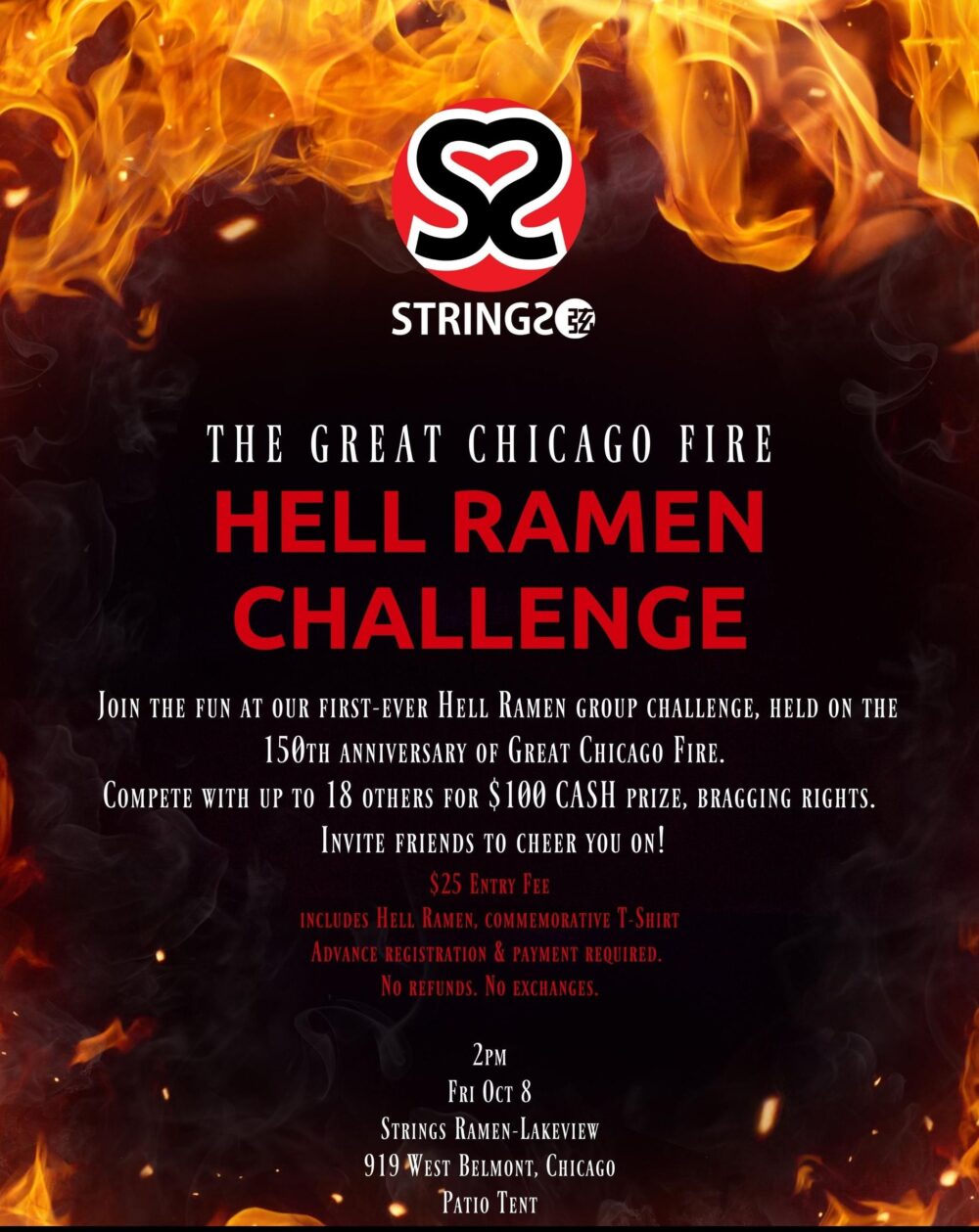Challenge Poster for Strings Hosts "Great Chicago Fire Hell Ramen Challenge" Oct. 8