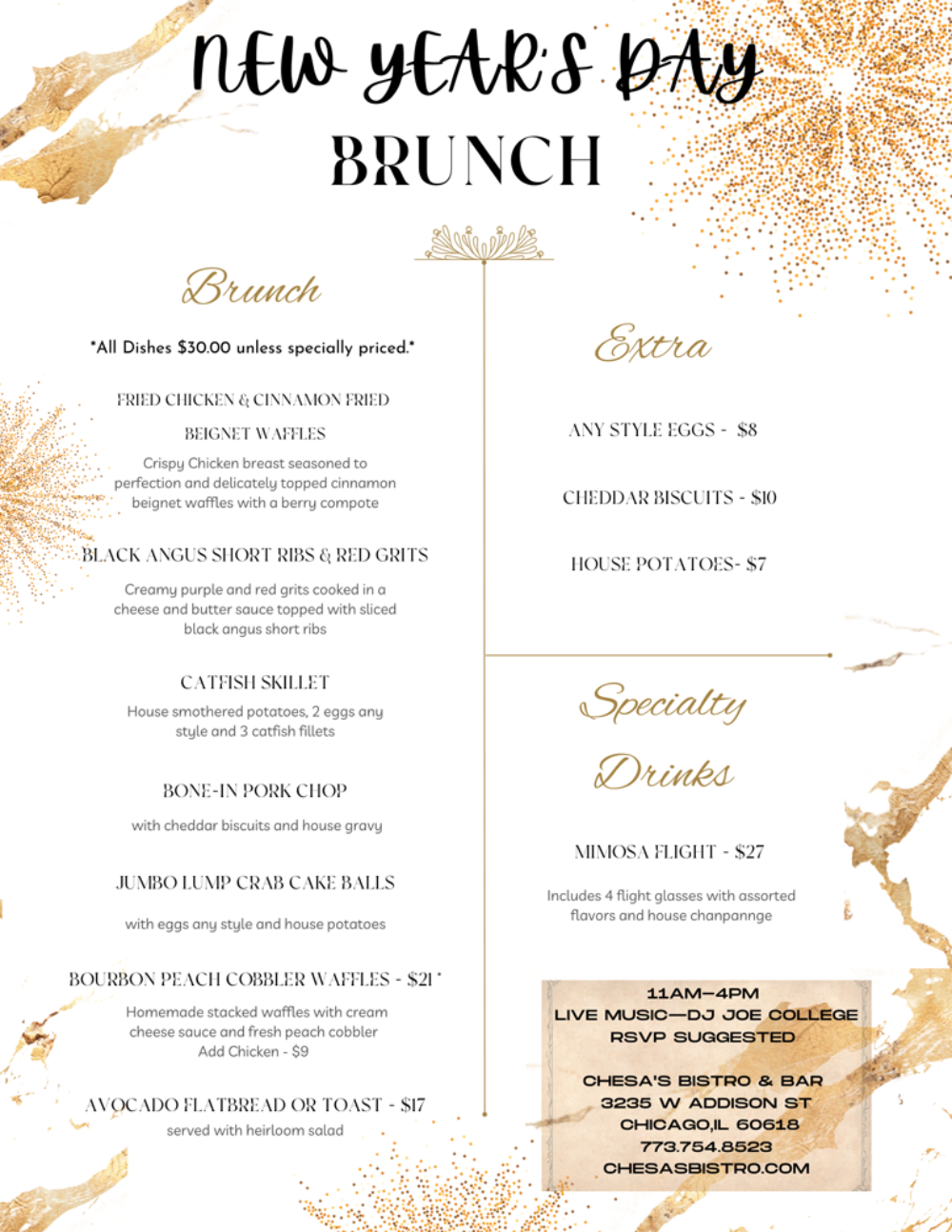 CheSa's New Year's Day Brunch menu for New Year’s Eve and Day Offerings with CheSa’s Bistro and Bar in Avondale