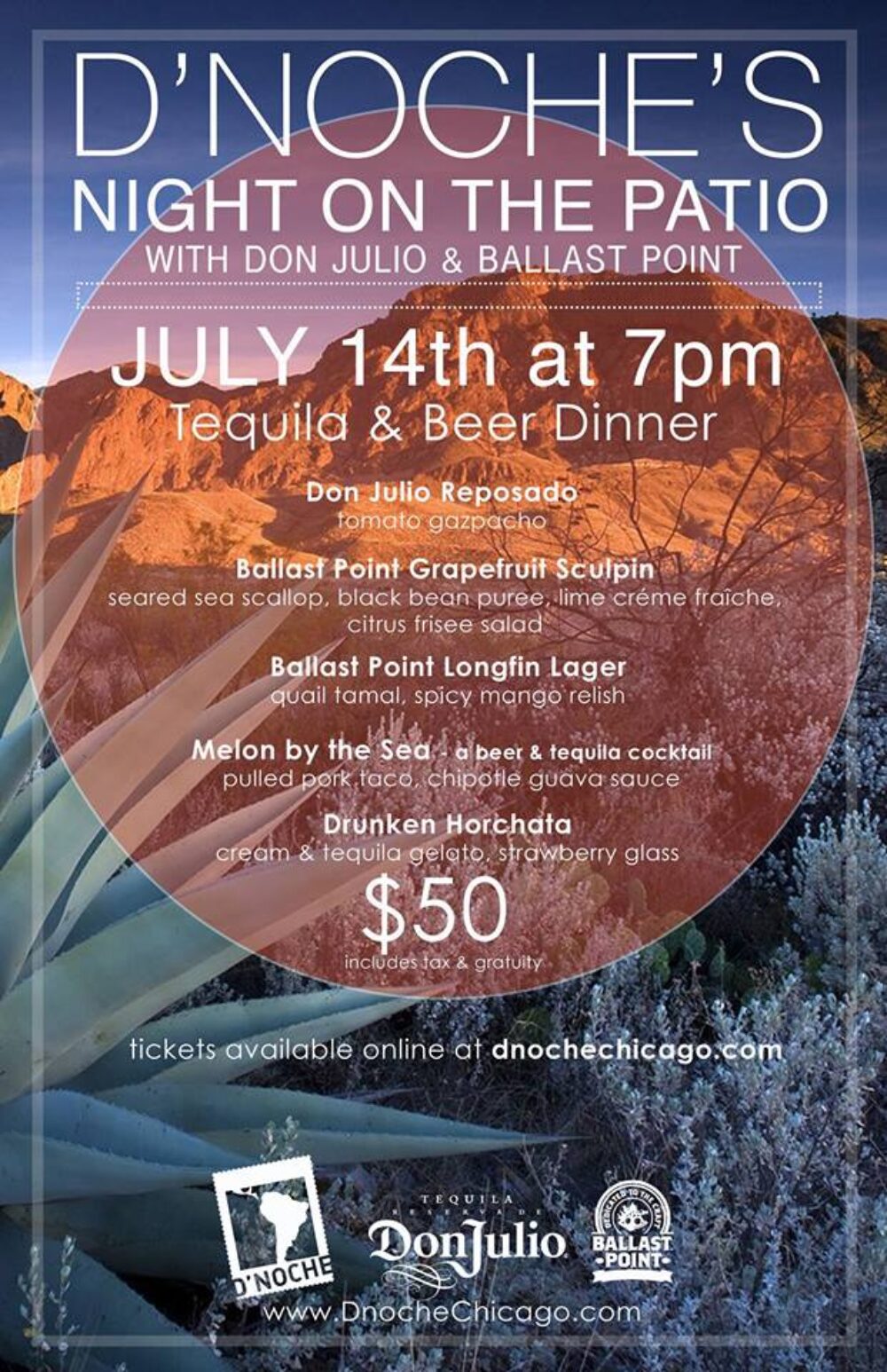 Don Julio Ballast Point dinner flyer for “Night on the Patio” with Don Julio Tequila and Ballast Point Brewing at D’Noche, 7/14