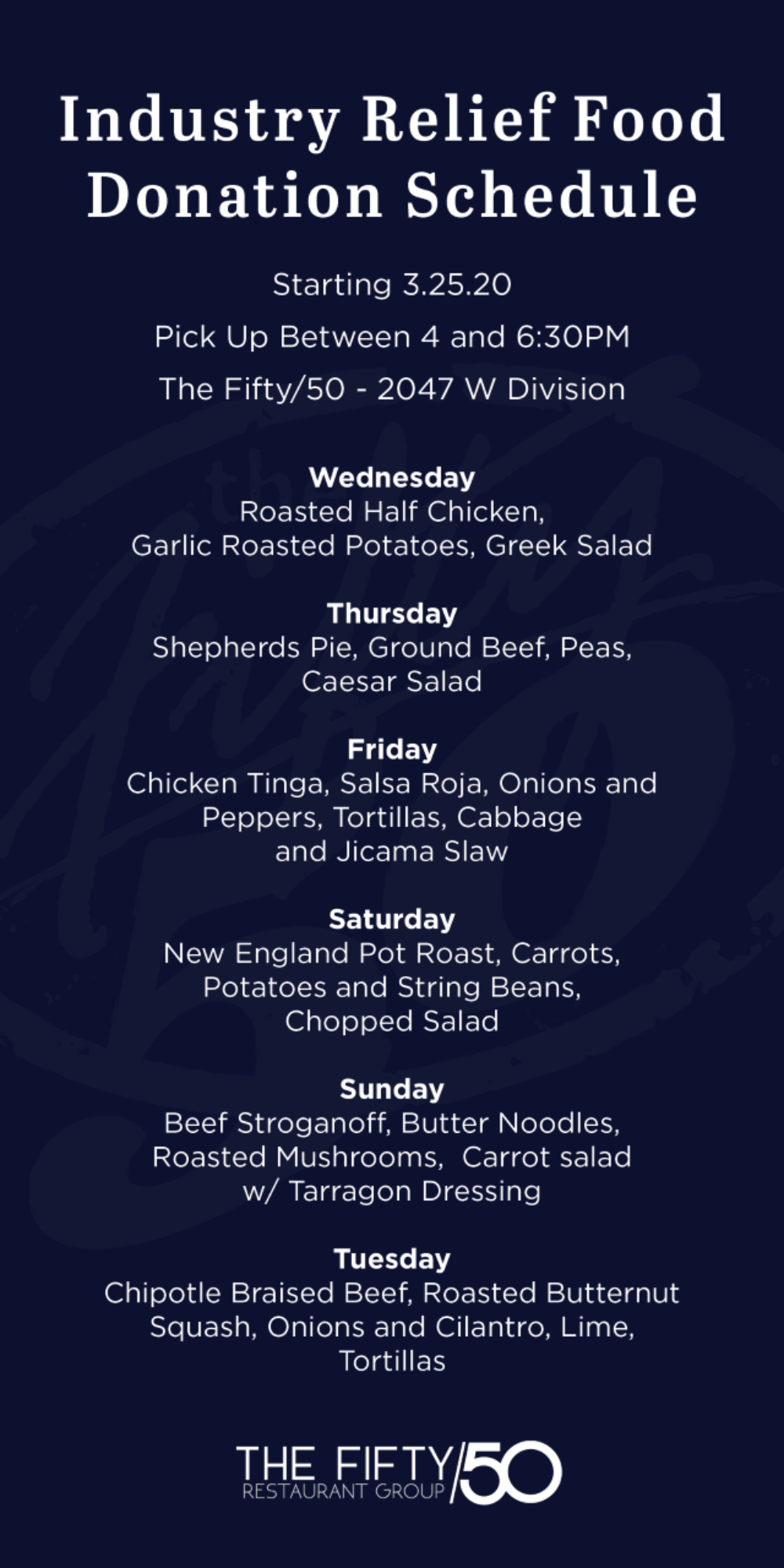 Fifty50 Food Drive Menu for Fifty/50 Restaurant Group Offering 400 Free Meals a Day to Furloughed and Laid Off Workers Starting Wednesday 3/25