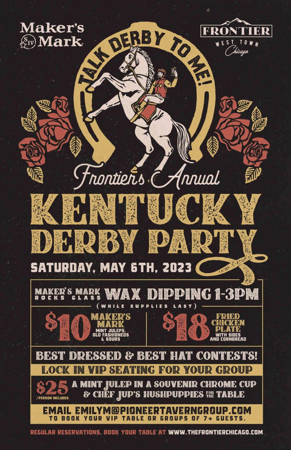 Flyer courtesy of Frontier for Spend "The Most Exciting Two Minutes In Sports" at These Chicago Spots for Kentucky Derby Day, May 6th