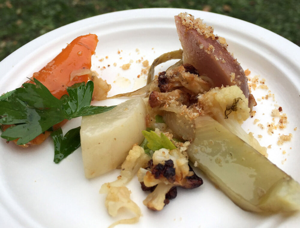 Vegetables Poached In Leaf Lard with Pan Dripping Vinaigrette and Pork Skin Crumbs for Taste Talks All Star BBQ Brings Heavy Hitters to Palmer Square