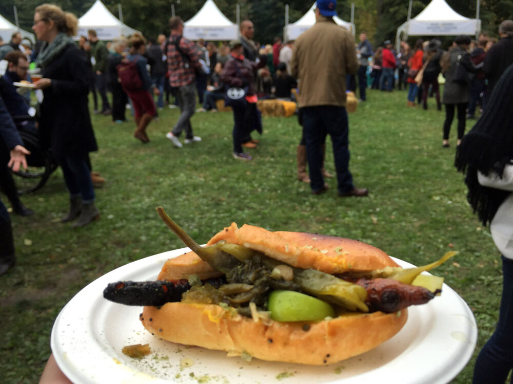 Mini Poppy Seed Chicago Bun (from z baking), Smoked Carrot Dog, Tomatillos, Carrot Mustard Emulsion, Lacto fermented Kirbies and Jalepenos, House Celery Salt for Taste Talks All Star BBQ Brings Heavy Hitters to Palmer Square