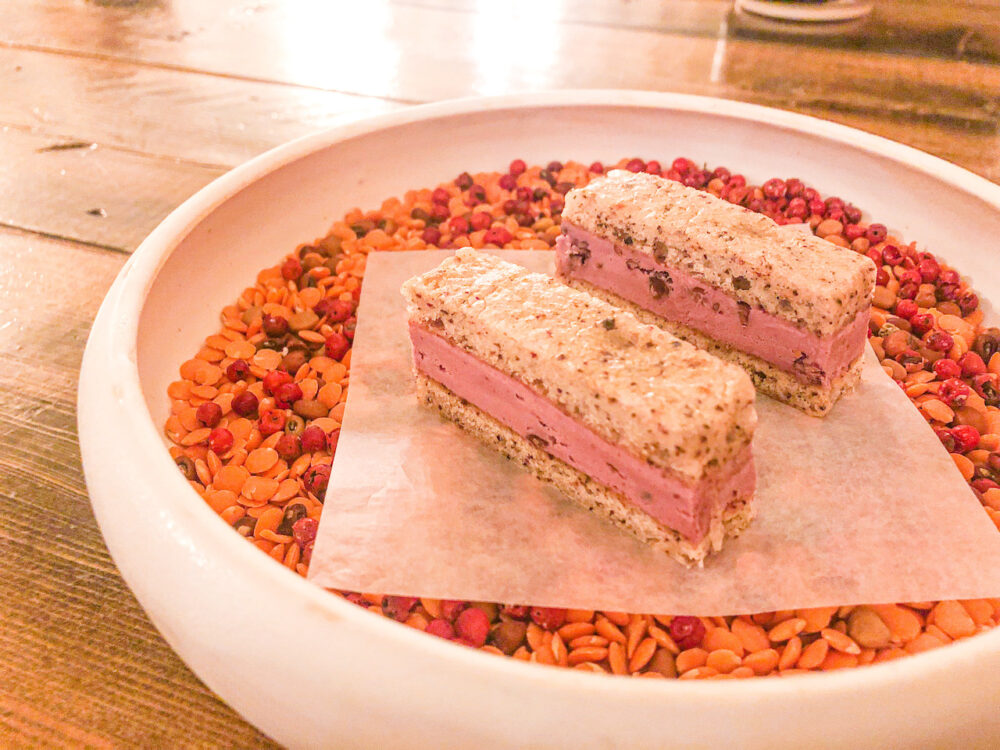 Black Raspberry and Cacao Nib Ice Cream Sandwich for Foraged Fall Flavors at Elizabeth Restaurant, the Michelin Starred Standard in the Heart of Lincoln Square