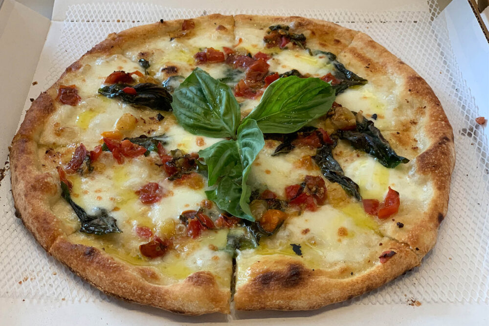 Margherita Pizza: red sauce topped with fresh mozzarella, basil, olive oil for CFM Asks: Mike Waicekauskas, Owner of Knead Great Pizza