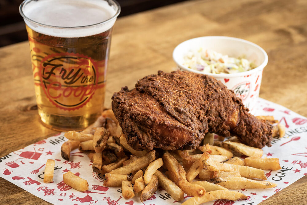 Available for one day only, the Leg Quarter Plate is $9.99 and comes with fries and coleslaw. (Photo courtesy of Fry the Coop) for What to do in March: Lenten Dining, March Madness, St. Patrick's Day and More!