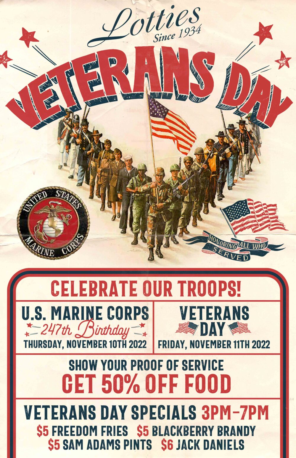 Flyer courtesy of Lottie's Pub for Veterans Day Offerings from Chicago Restaurants and Bars