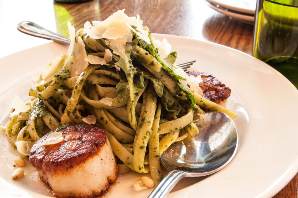 March Noodle Month Fettuccine arugula pesto caramelized scallops parmigiano reggiano 05 1 for National Noodle Month at Tesori
