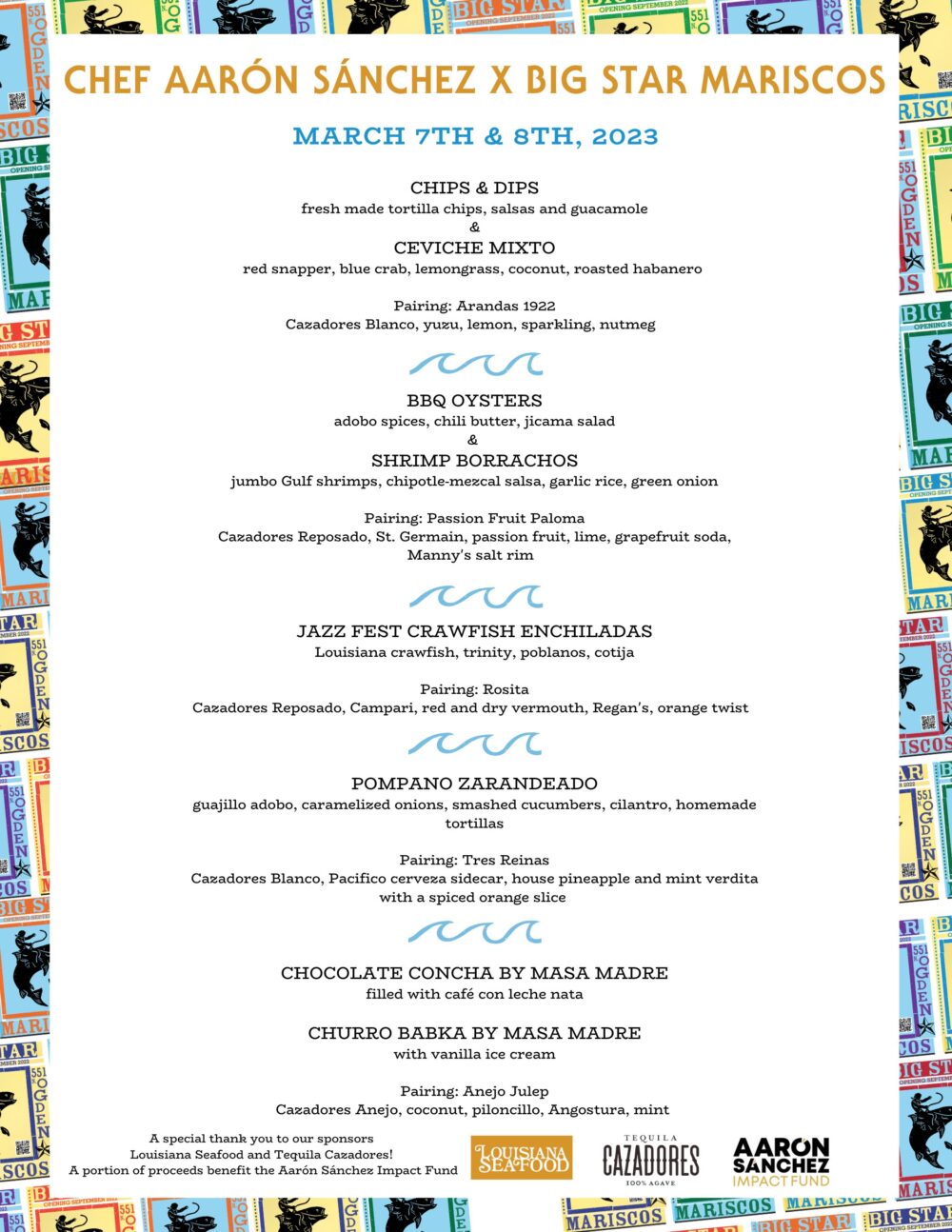 Mariscos Menu X Aaron Sanchez 6 for Aarón Sánchez x Paul Kahan: Big Star Mariscos & 2 Nights of Coastal Mexican Cuisine