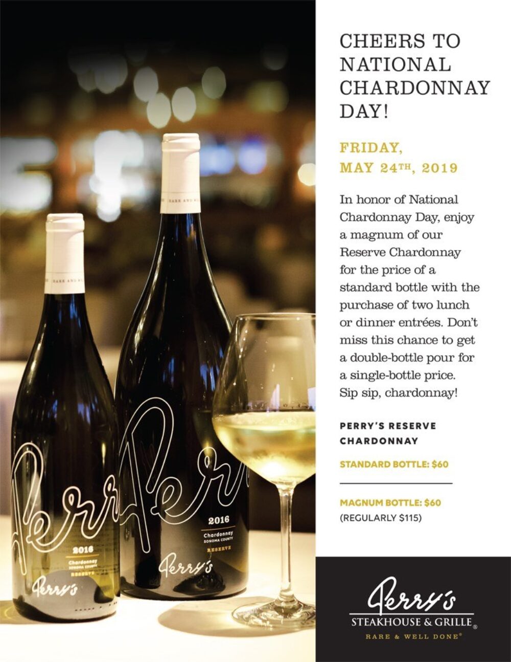 Perrys Chardonnay Promotion Poster for National Wine Day & National Chardonnay Day, Friday, May 24, at Perry's Steakhouse & Grille in Oak Brook