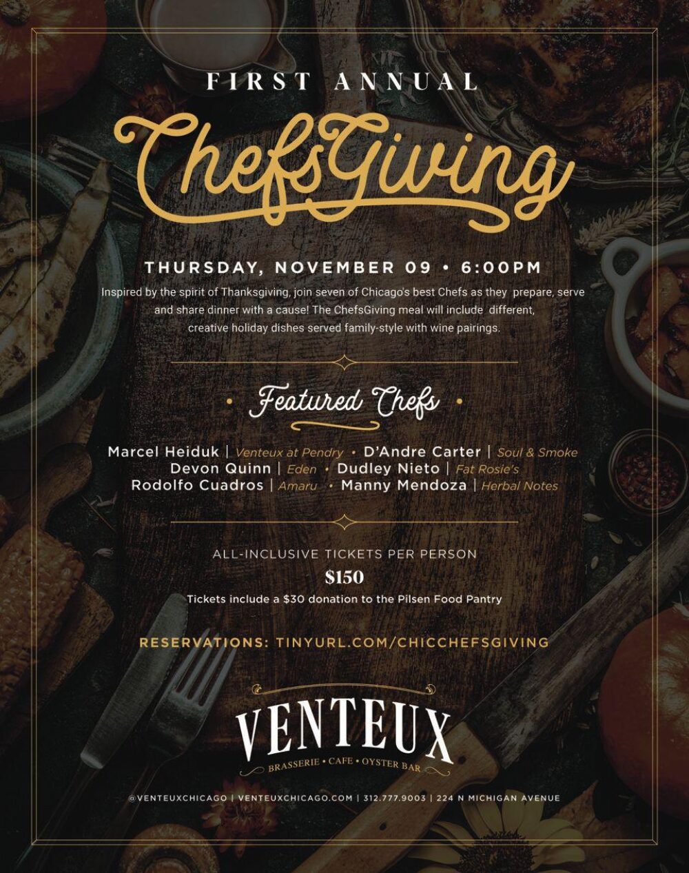 Flyer courtesy of Venteux for Chefsgiving: Chicago Chefs Band Together to Raise Funds for Pilsen Food Pantry in Charity Dinner