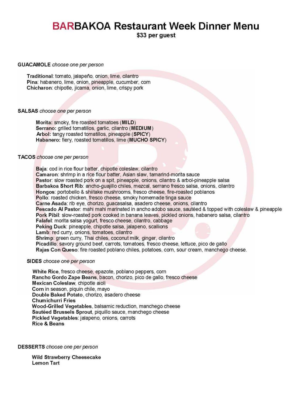 Restaurant Week menu 1 for Chicago Restaurant Week at Barbakoa