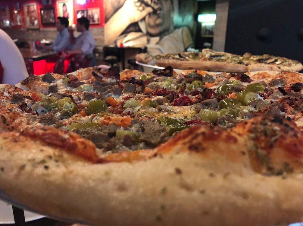 Not too spicy Tuscan Meatball and Giardiniera Pizza for Pizza Wheels and Happy Hour Deals at Vinny’s Pizza Bar