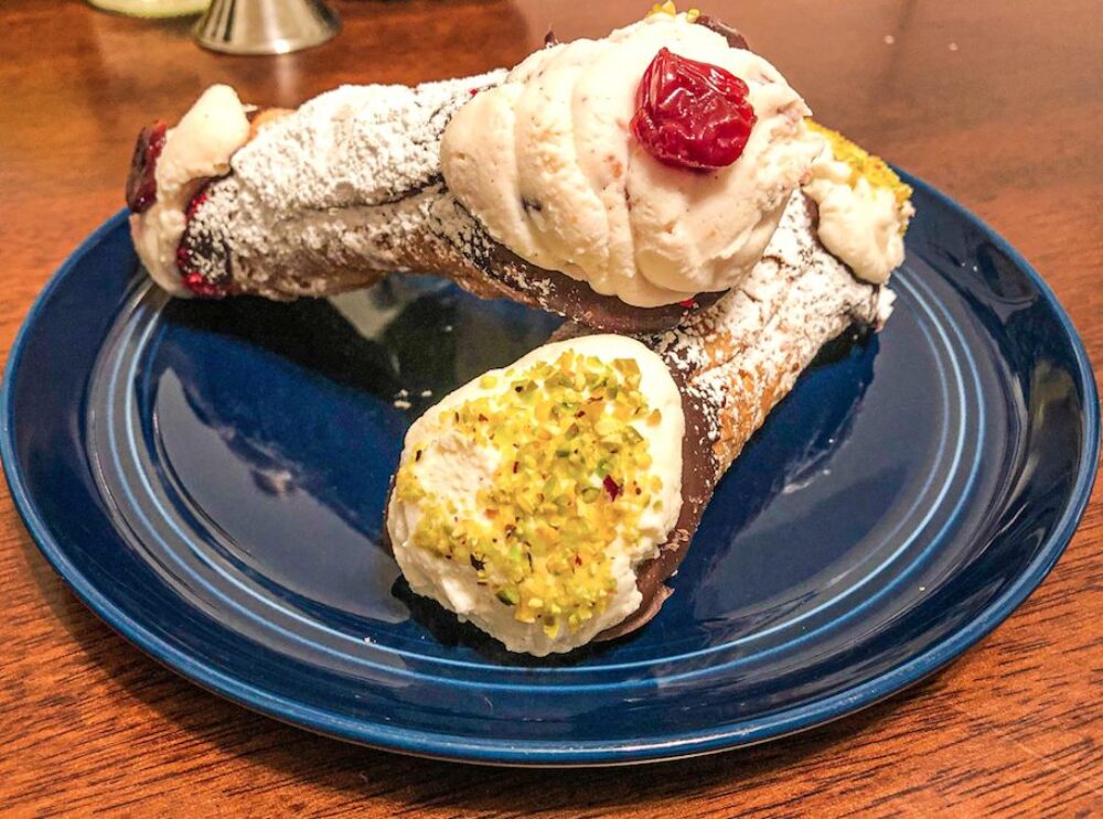 The Tutti Due aka one of each of the cannoli. Door County Cherry on top, Pistachio on the bottom. for Sfera Sicilian Street Food: a Flavor Packed Culinary Tour Through the Streets of Sicily