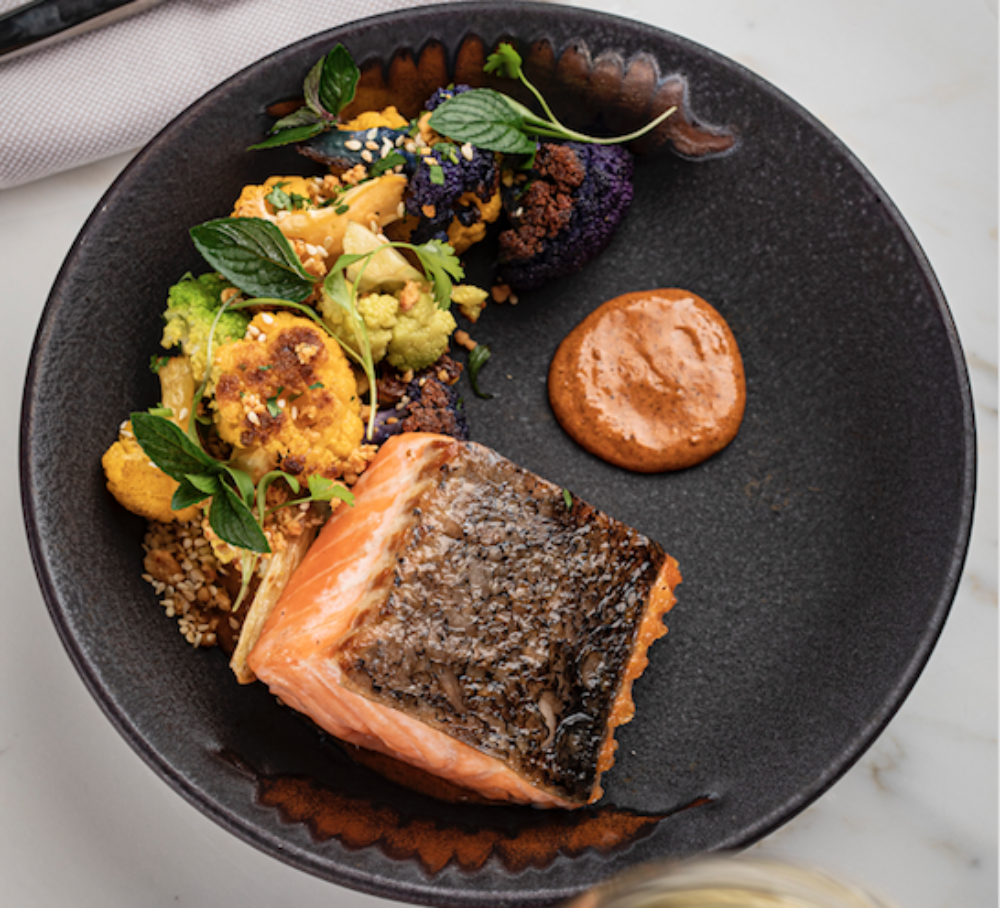 Roasted King Salmon at Travelle at The Langham, Chicago (Photo courtesy of Marcin Cymmer) for Best Places to Celebrate National Seafood Month in October