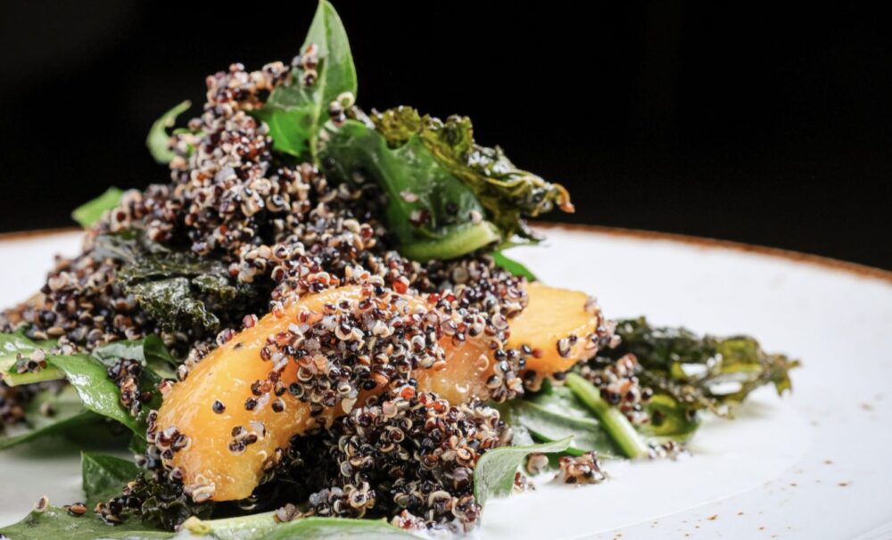James Beard Award Winning Chef Debbie Gold features a Pear & Dandelion Salad at Found Kitchen. (Photo courtesy of Hugh Galdones) for Veganuary Begins at Restaurants Around Chicago