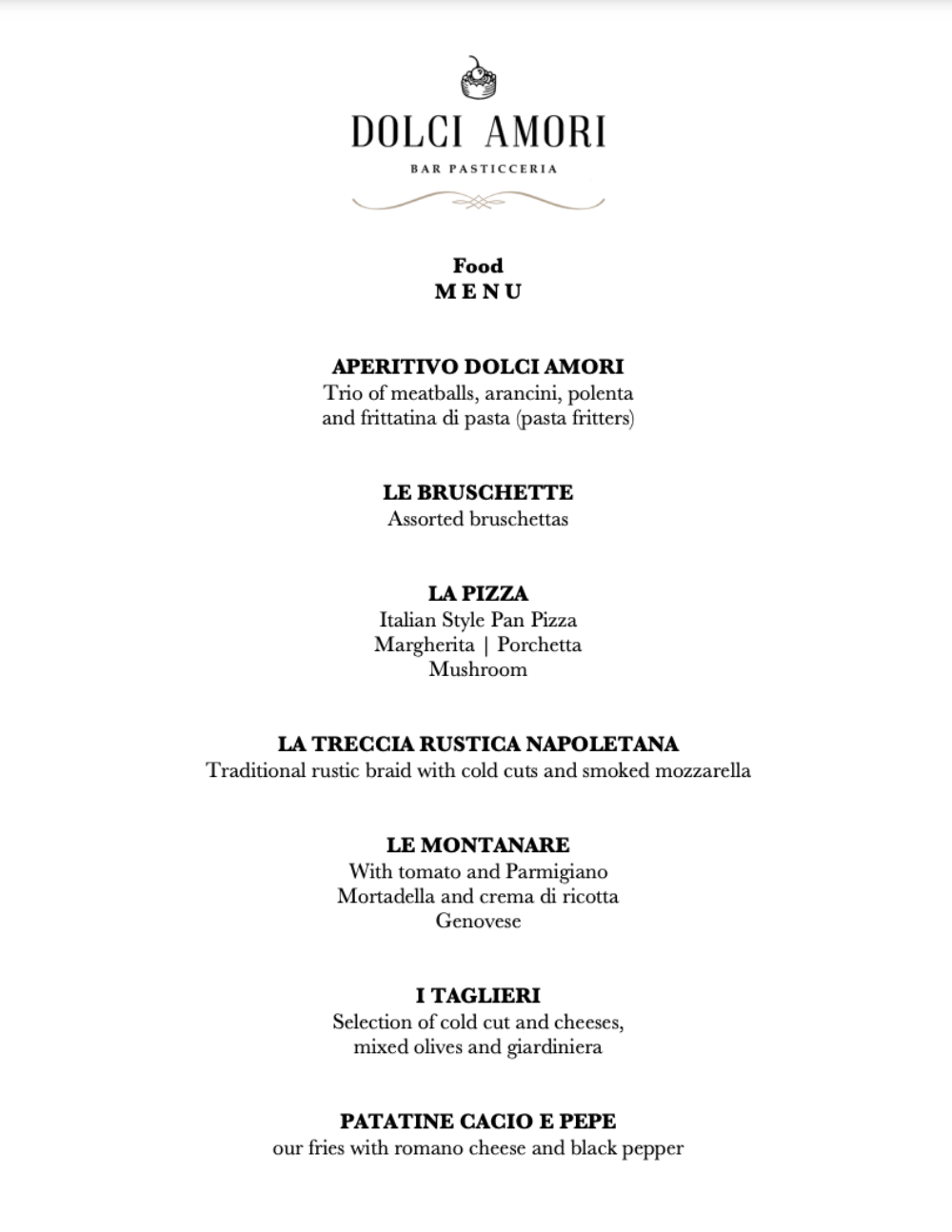 Menu courtesy of Dolci Amori for Dolci Amori's Third Location Now Open