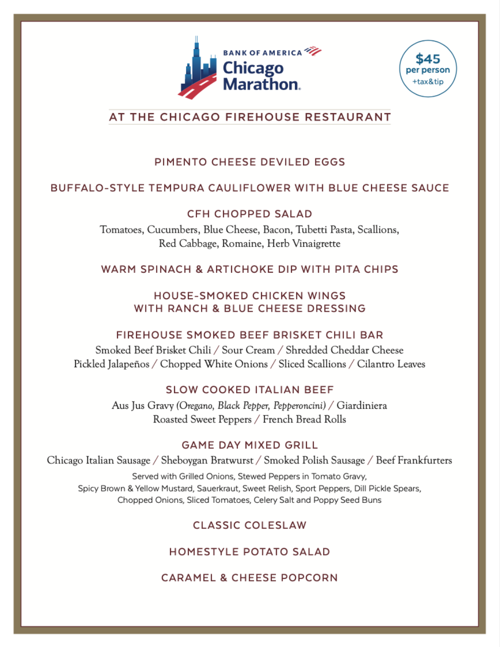 Menu courtesy of The Chicago Firehouse Restaurant for Where to Dine During the 2023 Chicago Marathon
