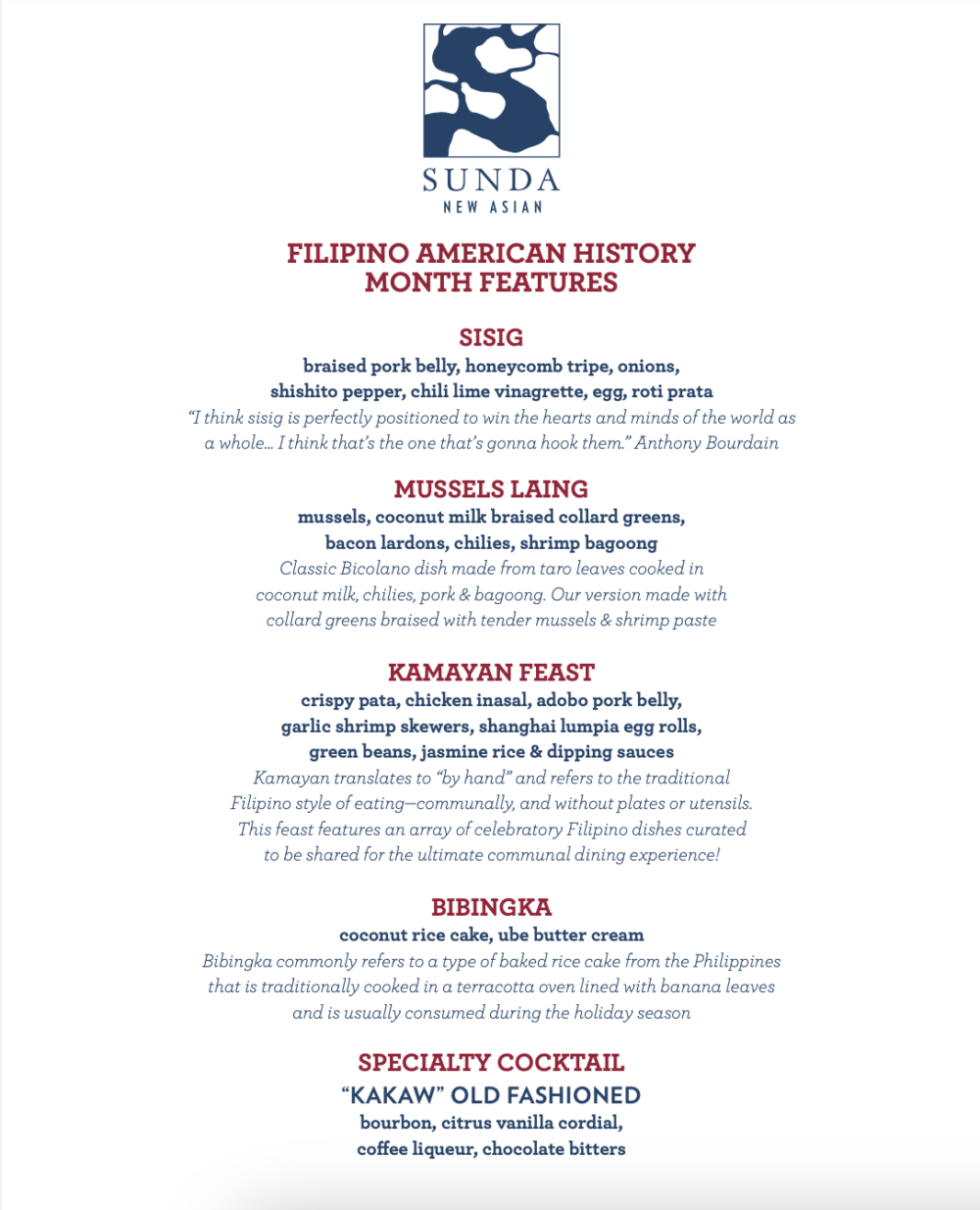 Menu courtesy of Sunda New Asian for CFM Asks: Billy Dec for Filipino American Heritage Month in October