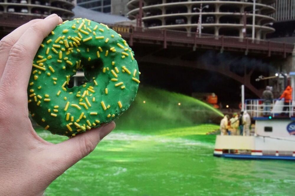 Stan's Green River Glazed Donut with the perfect backdrop! (Courtesy of Stan's Donuts & Coffee) for St. Patrick's Weekend Specials Around Chicago