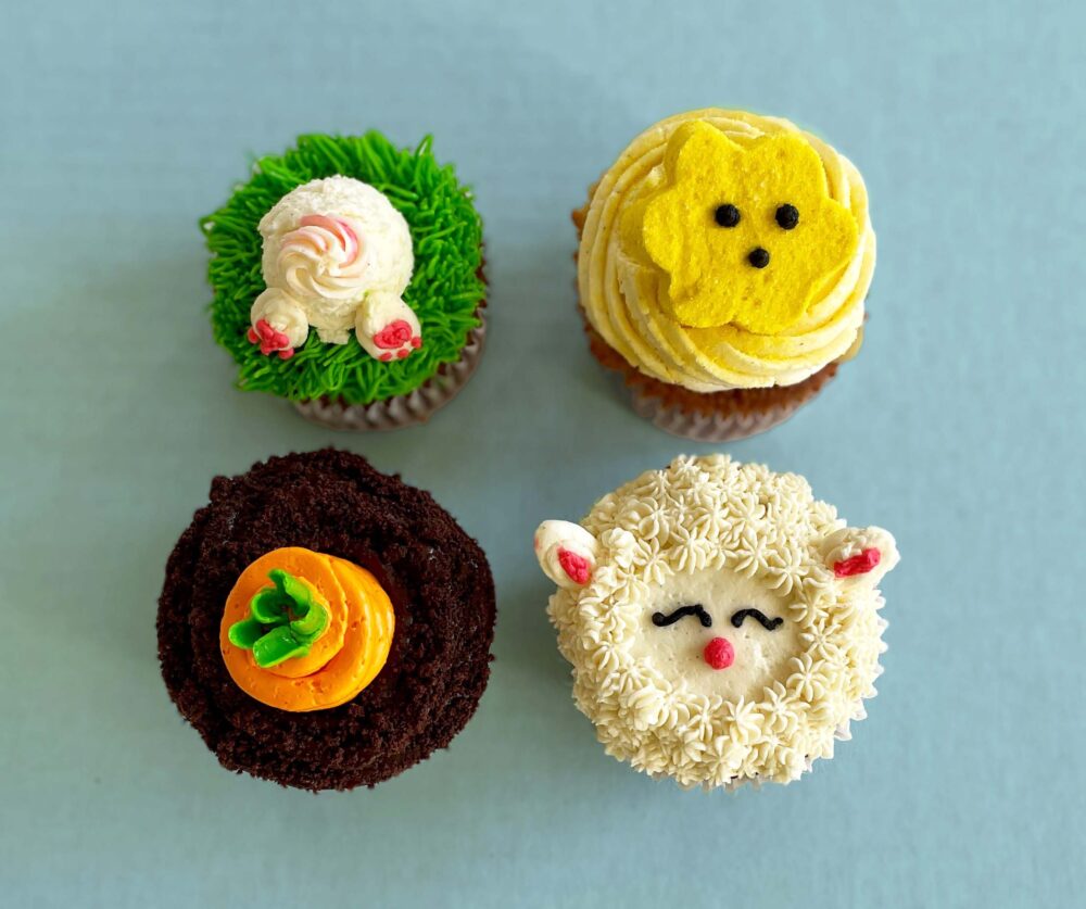The Easter Cupcakes 4 pack includes the following festive flavors: Carrot Cake, Chocolate, Citrus with House Made Peep, Graham Cracker (Photo courtesy of Sugargoat) for Easter and Passover Specials Across Chicago