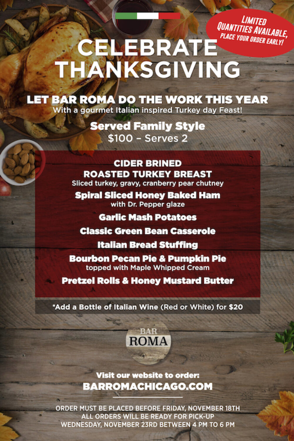 Thanksgiving Poster 24X36 2022 B 1 for Thanksgiving Carryout Menu at Bar Roma