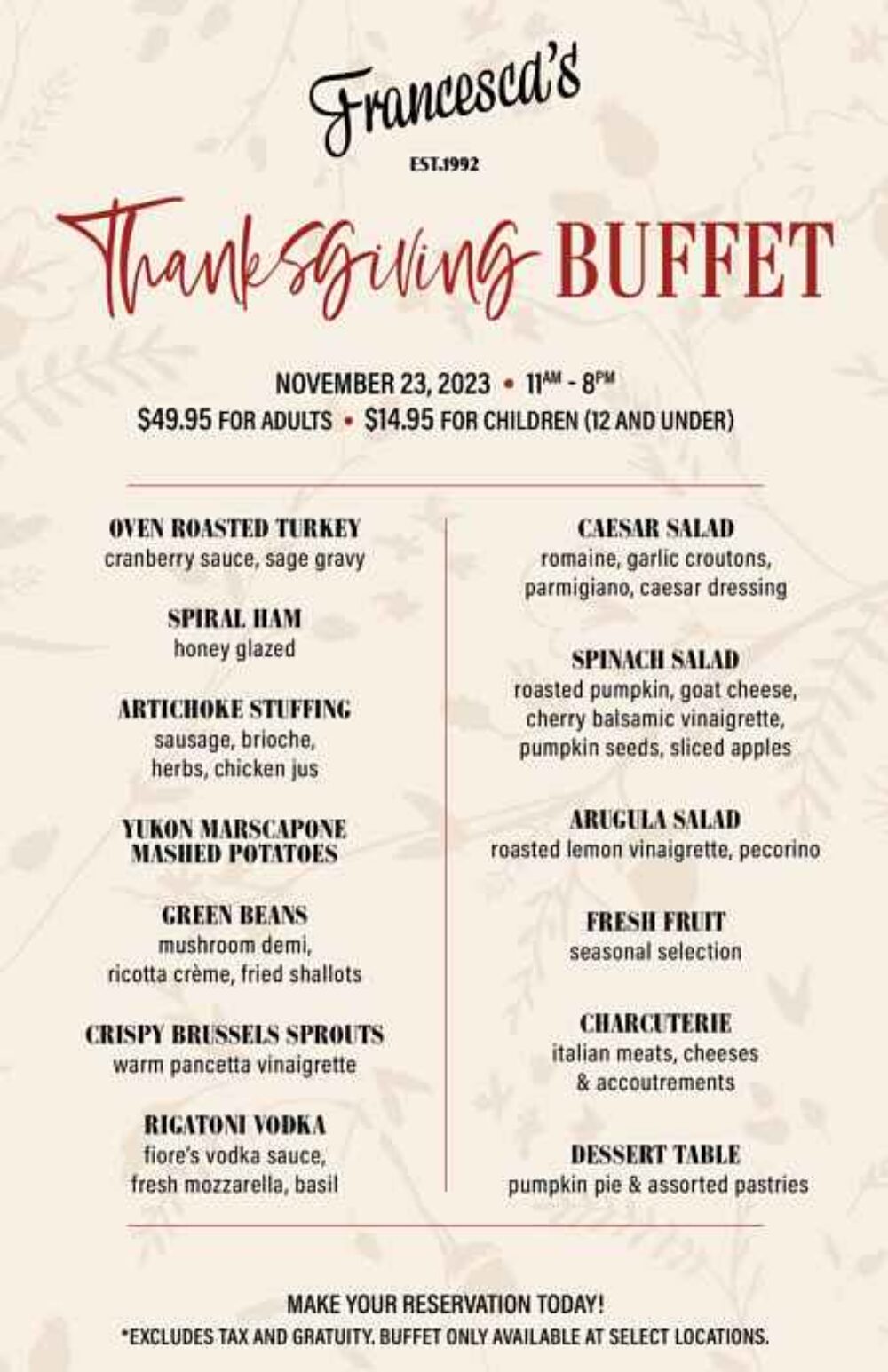 Flyer courtesy of Francesca's Restaurants for Where to Feast for Thanksgiving 2023