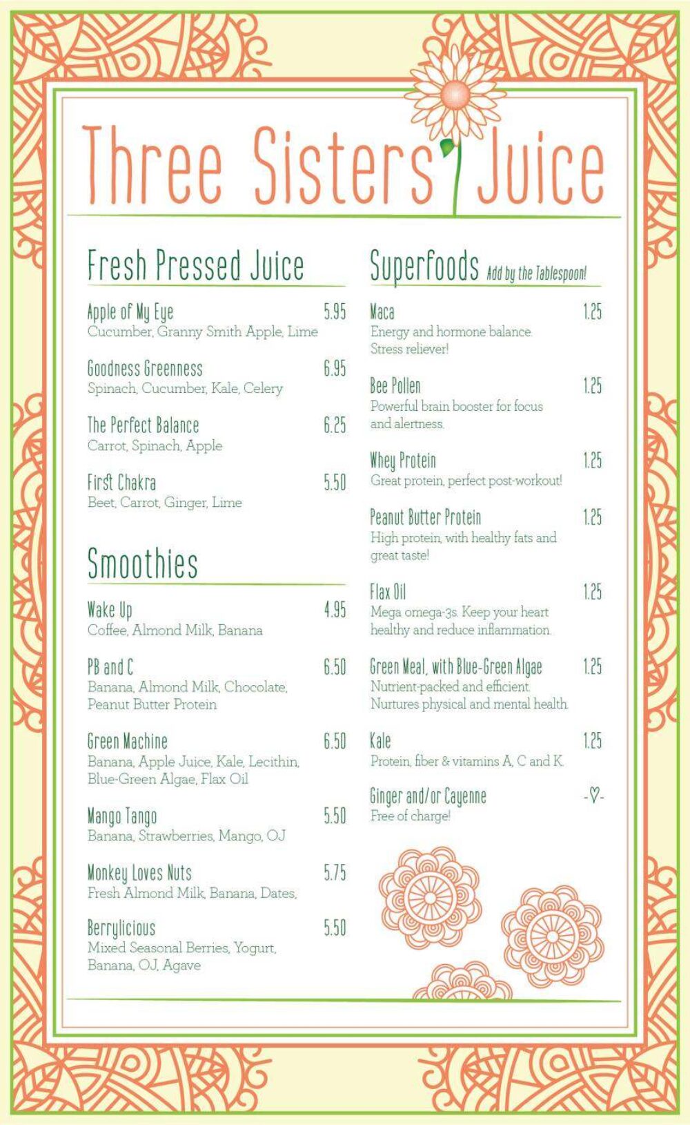 Three Sisters Menu for Three Sisters Juice Opens in Evanston