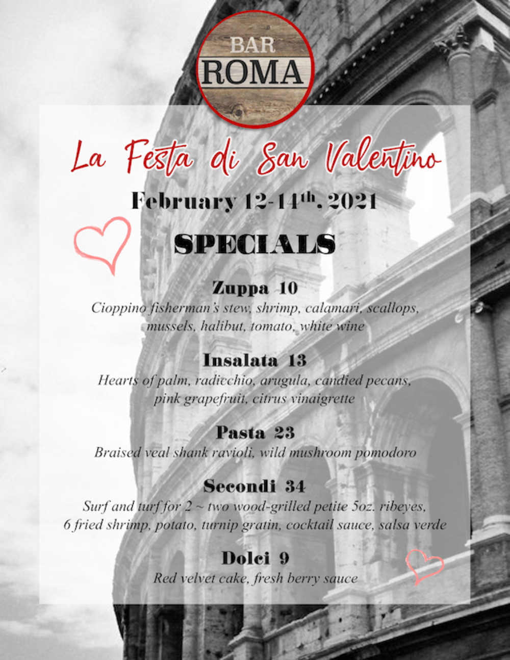 Valentines2021 for Valentine's Day Dining at Bar Roma