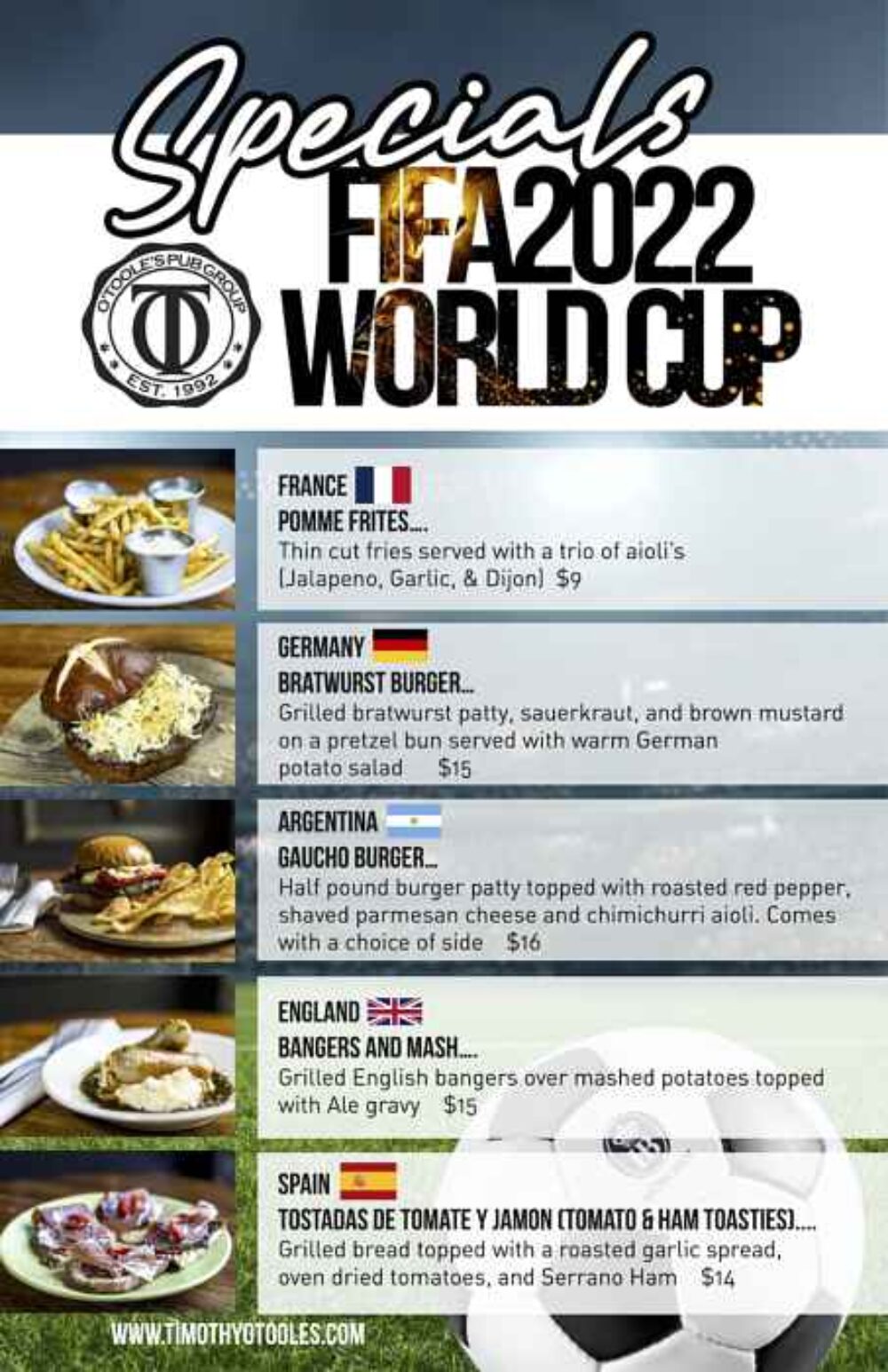 World Cup Specials Poster 2022 for World Cup Specials at Timothy O'Toole's Pub