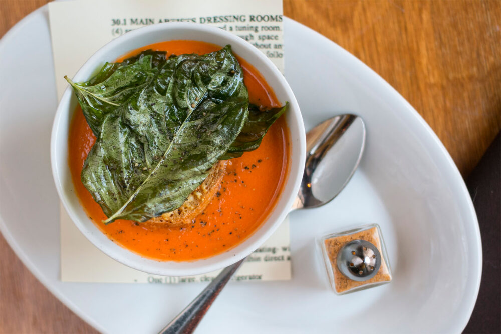 Creamy Tomato Soup with Fried Basil and Tabasco. Photo credit: Lindsey Becker for Ada Street Turns It Up to 11 for Chicago Restaurant Week