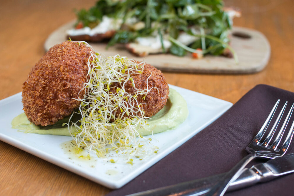 Shrimp Cakes with Avocado Crema and Alfalfa Sprouts. Photo credit: Lindsey Becker for Ada Street Turns It Up to 11 for Chicago Restaurant Week