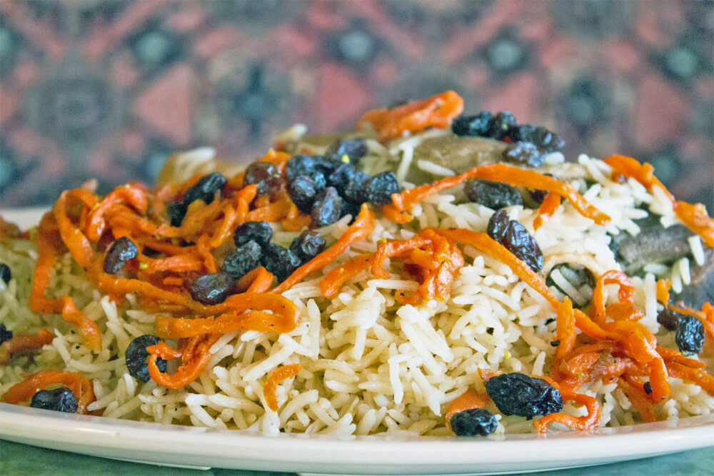 Kabuli pulao, is also popular as a Afghan traditional dish in the Arab Gulf, where it is known as riz bukhari. Photo: Sarah Conway. for Where Chicago and Afghanistan Meet: Albany Park's Afghan Kabob Serves More than Dumplings