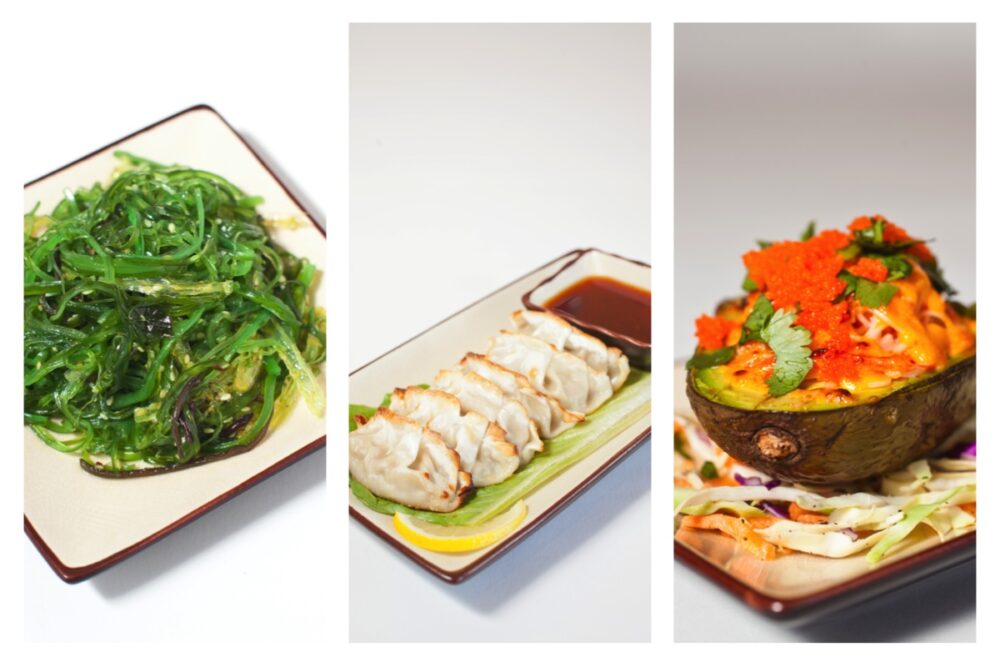 Seaweed Salad, Dumplings and Krab Avocado: Three of several appetizers How Do You Roll? offers for Rolling Out the Sushi at How Do You Roll?